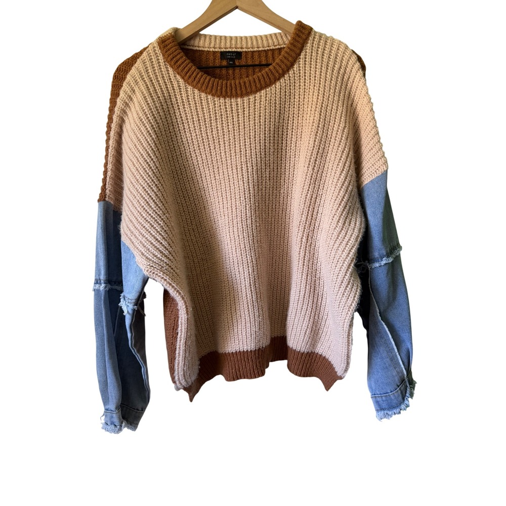 Debut Mixed Media Denim Sleeve Sweater Womens M/L‎ Tan Brown Colorblock